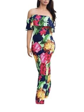 #B75 Off-Shoulder Navy Floral Maxi Dress